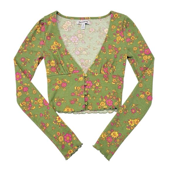 Urban Outfitters Babydoll Crop Top Size XS Green Floral Hippie Boho Button Front - Picture 1 of 7